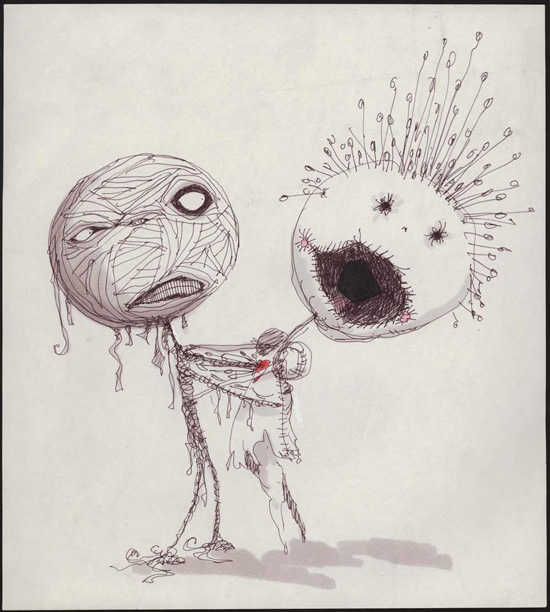 Tim Burton (American, born 1958). «Untitled (The MelancholyDeath of Oyster Boy and Other Stories)». 1982–1984. Pen and ink, marker, andcolored pencil on paper. 25.4 x 22.9 cm. Private Collection. © 2009 Tim Burton